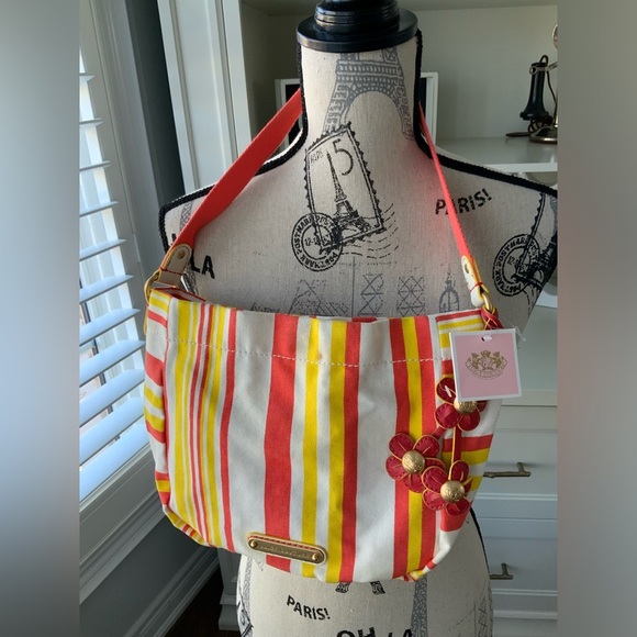 JUICY COUTURE Striped Yellow Orange Hobo Cotton Fabric Shoulder Bag BRAND NEW - Picture 1 of 16